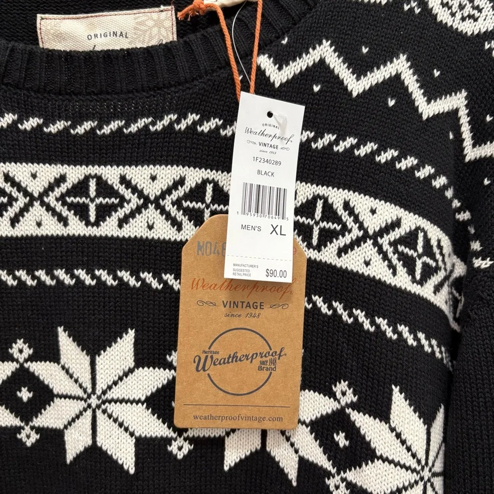 Weatherproof Vintage Black and White Snowflake Fair Isle Holiday Sweater NWT XL